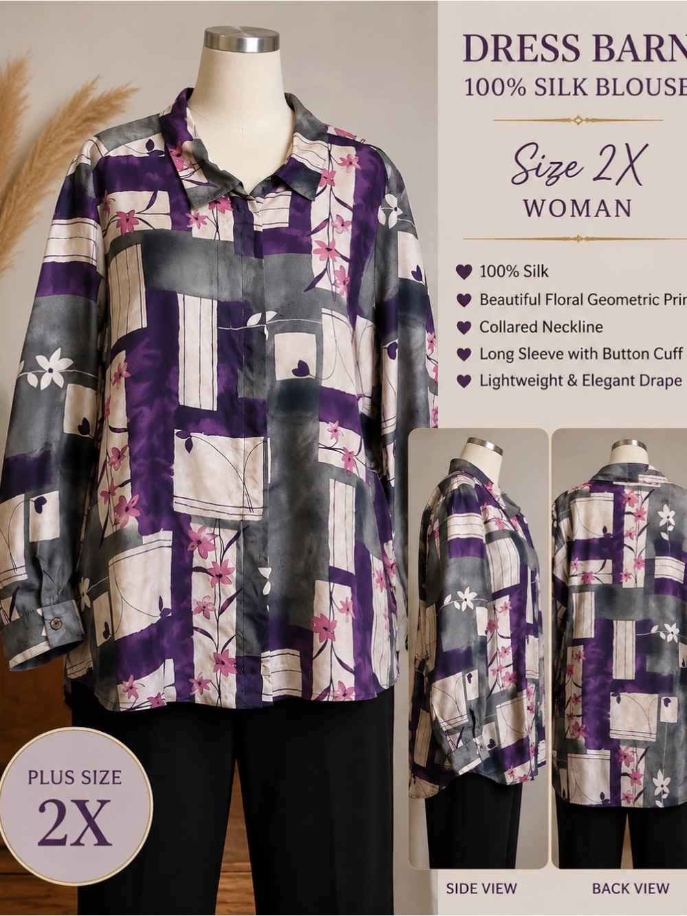 Dress Barn -Plus Size 2X -Purple Floral Geometric Print- 100% Silk Blouse